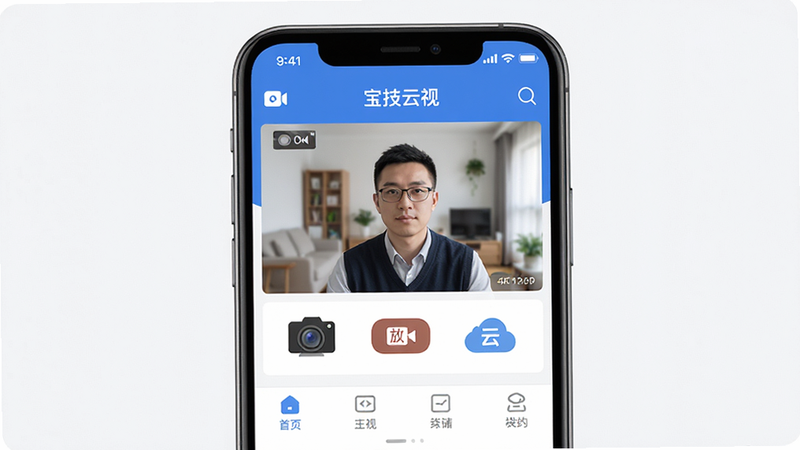 主体为手机屏幕展示宝技云视APP首页界面,布局清晰分为顶部状态栏、中部实时视频预览窗口、底部功能导航栏;排版采用扁平化设计,风格现代简约,细节包含高清摄像头图标、录像回放按钮、云存储标识;画质4k高清,画面干净无多余装饰元素,文字“宝技云视”清晰可见