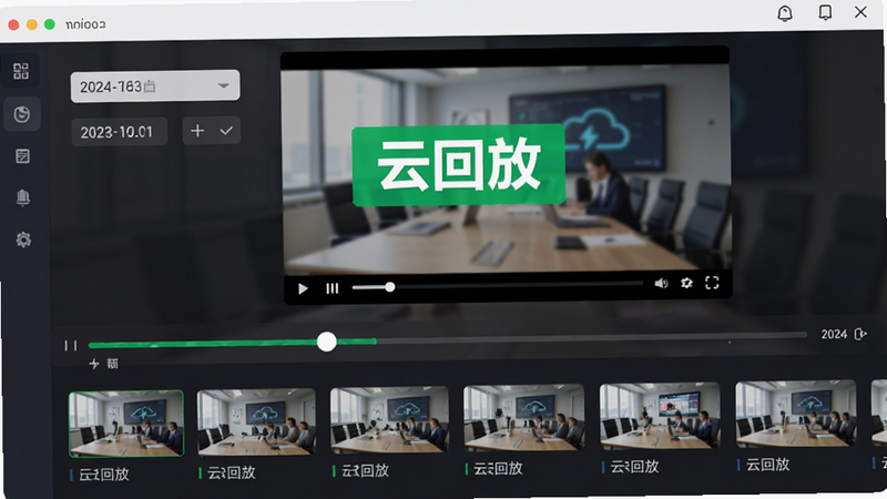 主体为时间轴滑块界面,下方显示缩略图列表,上方为视频播放窗口;布局上下结构,排版逻辑清晰,风格商务专业,细节包含日期选择器、播放进度条;画质清晰,无杂乱元素,文字“云回放”以绿色高亮显示