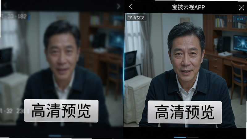 主体为分屏对比图,左侧展示模糊的传统监控画面,右侧展示宝技云视APP的高清实时画面;布局左右对称,排版对比强烈,风格科技感强,细节突出人物面部特征与环境细节;画质超高清,无噪点,文字“高清预览”以白色半透明背景衬托