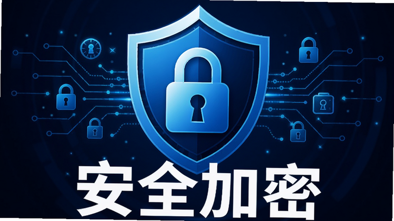 主体为盾牌图标与锁头组合,象征安全防护;布局中心对称,排版简洁有力,风格科技蓝调,细节包含数据流线条、加密符号;画质高清,无杂乱元素,文字“安全加密”以白色加粗显示