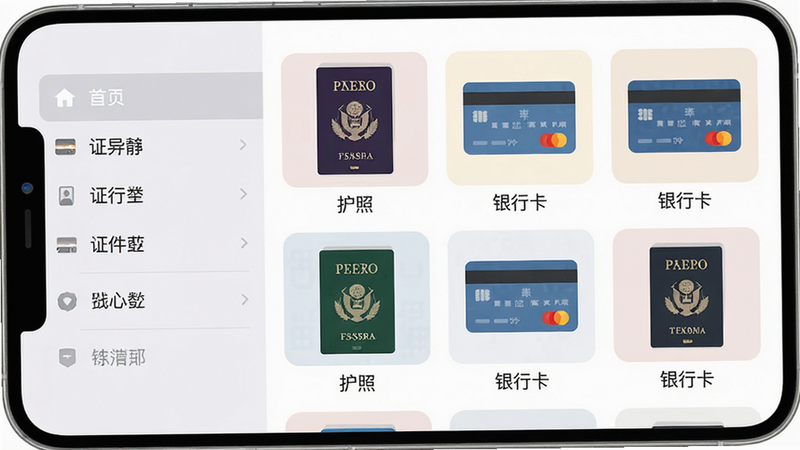 手机界面展示证件分类列表,左侧为菜单栏,右侧为具体的证件缩略图网格,每个缩略图下方有清晰的文字标签,如