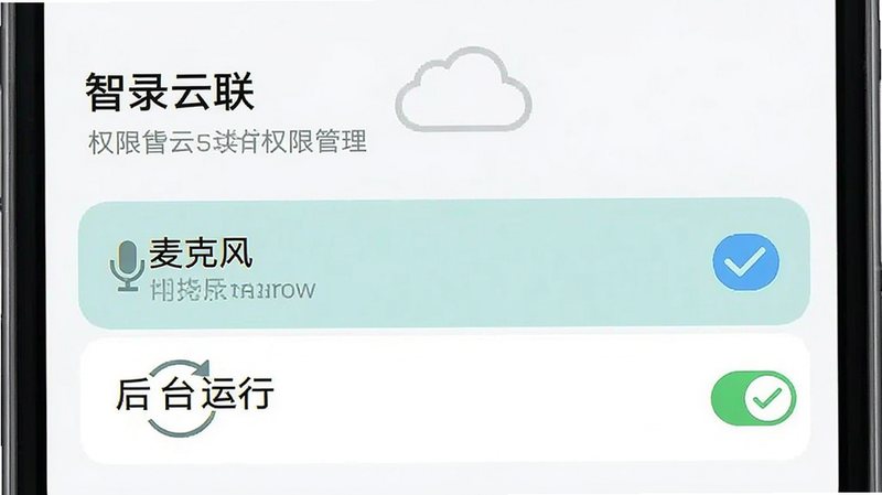 主体为手机设置界面截图,展示“智录云联”权限管理选项,布局为列表式排版,重点高亮“麦克风”和“后台运行”选项,风格为系统原生UI风格,细节展示勾选状态,画质清晰,干净无多余元素