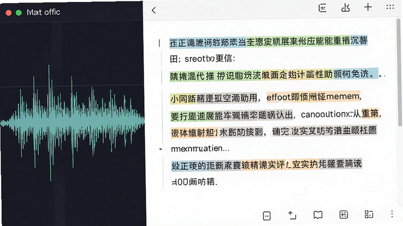 主体为文字转写界面,左侧为音频波形,右侧为实时生成的文字稿,布局为左右分屏结构,排版清晰易读,风格为高效办公风,细节展示关键词高亮标记效果,画质清晰,干净无多余元素