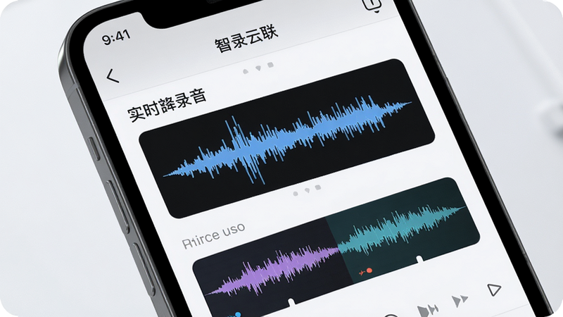 主体为手机界面特写,显示“智录云联”录音中的实时波形图,布局聚焦于屏幕中央的音频可视化区域,排版简洁直观,风格为科技极简风,细节展示降噪前后的音频对比效果,画质细腻,干净无多余元素