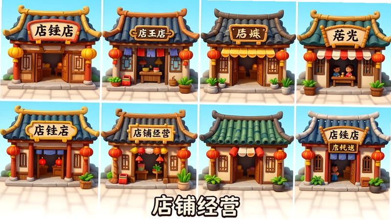主体为多个古代店铺外观,布局为网格状排列,每个店铺风格不同,排版规整,风格为明亮卡通国风,细节包括店铺招牌、门口装饰,画质明亮,干净,无多余元素,文字