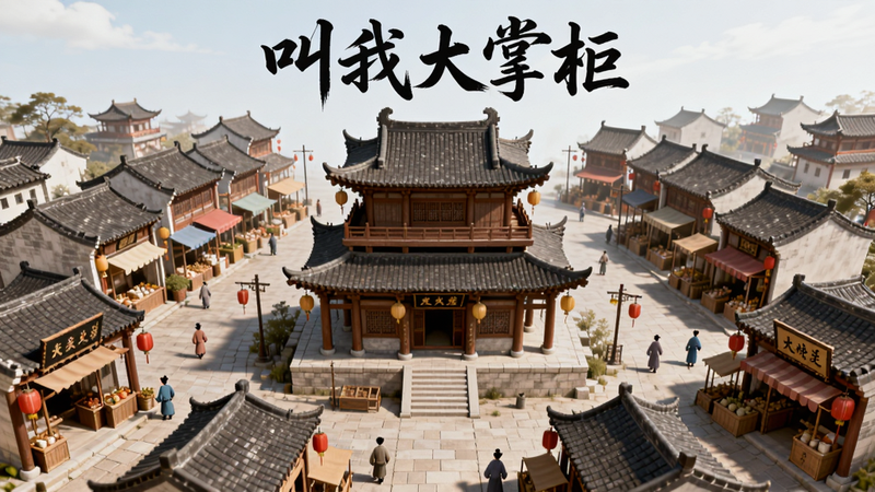 主体为古风商业街景,布局采用中心放射状,中心是一座宏伟的木质楼阁,周围环绕着各种店铺,排版整齐对称,风格为写实国风插画,细节丰富包括招牌、灯笼、行人,画质高清,干净,无多余元素,文字