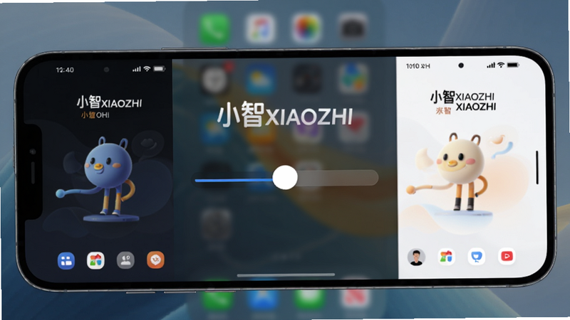 �ֻ���Ļչʾ��С��XIAOZHI���������л����棬��������ֱ���ʾ��ɫ��ǳɫ����Ч�����м��л�����������Ԫ�������ɼ�������Ϊģ���ı�ֽ��ͻ����С��XIAOZHI��������ɫ�ʹ�����Ȼ�����ʸߣ��޾�ݣ����ָ��Ի����Ƶ�����