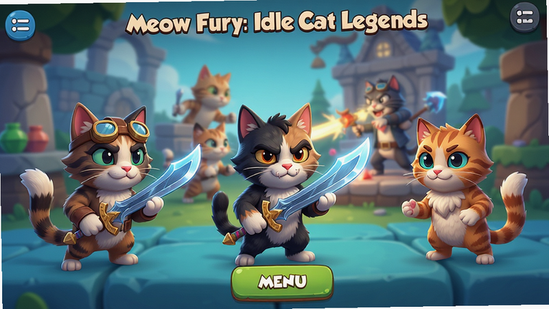 ����Ϊ Meow Fury: Idle Cat Legends ��Ϸ�����棬��������չʾè���ɫ��ս��������˵���ť���Ű����ִ������Ϊ��������ͨ��Ⱦ��ϸ�ڷḻչ��è��ë���ʸ����������󣬻��ʳ����壬�ɾ��޶���Ԫ�أ���������