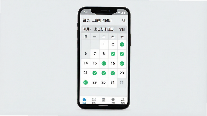 һ�ű�ƽ�����ĸ����ֻ�Ӧ�ý���չʾͼ������Ϊ���ϰ����������׿APP��ҳ�������������࣬������ʾ�·ݺ����ڣ��м�������״��������ͼ���������ڴ�����ɫ�Թ���Ǳ�ʾ�Ѵ򿨣��ײ��е�����������Ϊǳ��ɫ������ִ���Լ��ϸ�ھ��£������������ɾ��޶���Ԫ�أ��������ݰ������ϰ��������