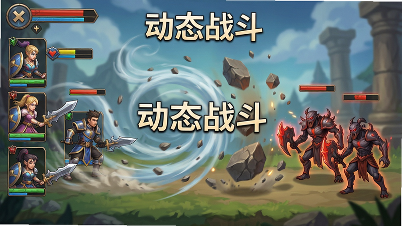 չʾ��Ϸս�����棬�������Ҷ��飬�Ҳ��ǵ��ˣ��м��ж�̬�ķ��ʯ����Ч�������������Ű湤�������Ϊ��ϷUI��ƣ�ϸ�ڷḻ�����ʸ��壬�ɾ����޶���Ԫ�أ����֡���̬ս���������ɼ�