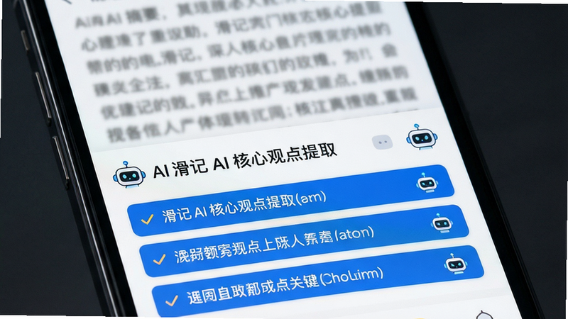 主体为手机应用界面,展示一个“AI 摘要”功能模块,上方是原始长文本的模糊背景,下方是清晰高亮的三条核心要点列表。布局上下对比鲜明,风格简约商务,细节处有智能机器人小图标点缀,画质锐利,无多余装饰,文字显示为“滑记 AI 核心观点提取”