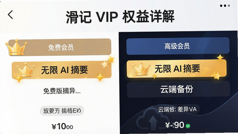 主体为手机应用界面,展示“VIP 会员”权益对比表,左侧为免费版,右侧为高级版,高亮显示“无限 AI 摘要”和“云端备份”等差异项。布局对比鲜明,风格商业专业,细节处有皇冠图标和价格标签,画质高清,干净无干扰,文字标注为“滑记 VIP 权益详解”
