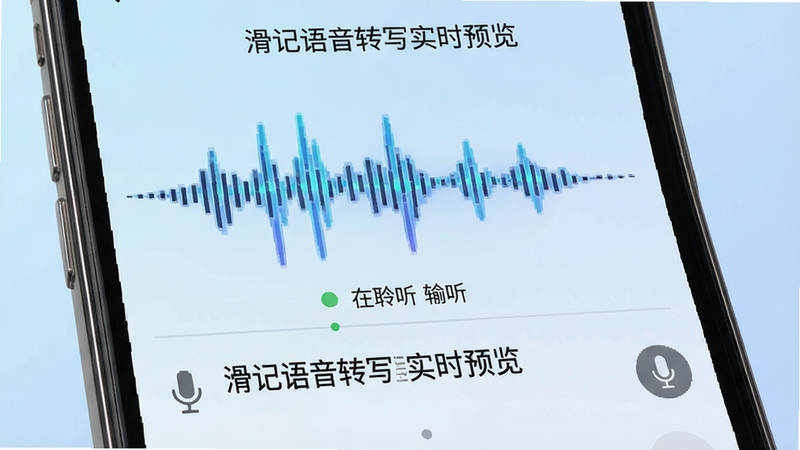 主体为手机屏幕特写,界面中央是一个动态的声波波形动画,下方实时滚动显示转换后的中文文本。布局聚焦于输入区域,背景为淡蓝色渐变,风格科技感强,细节处可见麦克风图标和“正在聆听”的状态提示,画质高清,干净无杂乱像素,文字标注为“滑记语音转写实时预览”