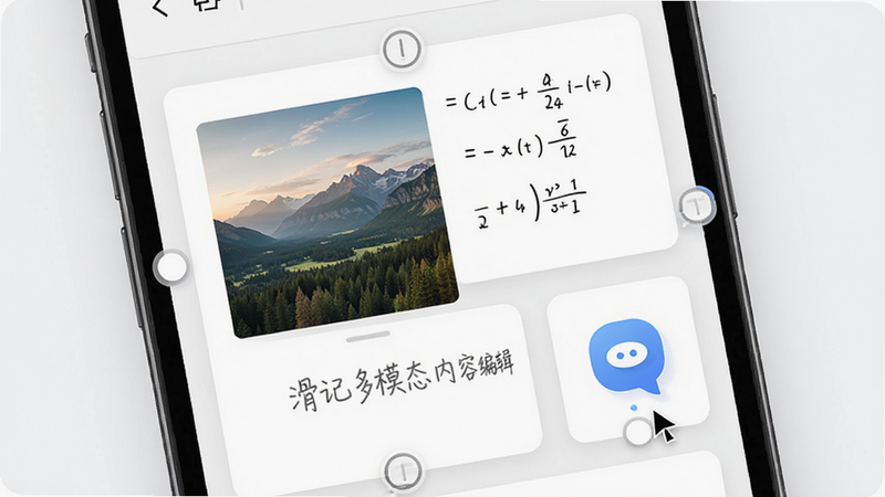 主体为手机屏幕,展示一个混合编辑界面,其中包含一张风景图片、一段手写数学公式和一个语音气泡图标,它们被整齐地排列在白色卡片中。布局错落有致,风格创意且专业,细节处可见拖拽手柄和编辑光标,画质细腻,干净清爽,文字标注为“滑记多模态内容编辑”