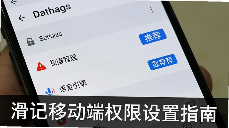 主体为一部安卓手机屏幕,界面显示“设置”页面,重点高亮显示“权限管理”和“语音引擎”选项。布局清晰,风格简洁,细节处有红色警示图标和蓝色推荐标签,画质清晰,干净无杂色,文字标注为“滑记移动端权限设置指南”