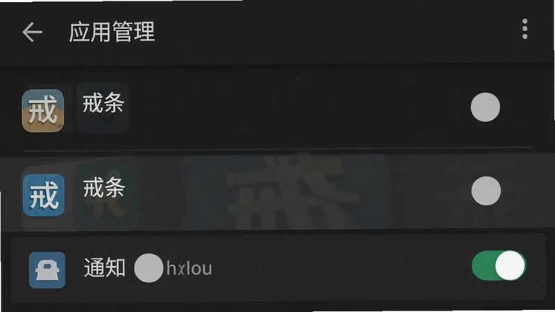 主体为手机设置界面截图,显示“应用管理”列表,其中“戒条”应用被高亮选中,下方展示权限列表,通知权限已开启,背景为安卓原生深色模式,布局垂直排列,排版紧凑,风格为系统原生UI,细节展现滑块状态与图标清晰度,画质真实,干净无水印,文字“戒条”在应用名称处可见