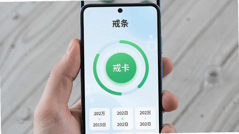 主体为一部竖屏安卓手机,屏幕显示名为“戒条”的应用界面,界面中央有一个大的绿色圆形打卡按钮,周围环绕着进度环和日期列表,背景为柔和的浅蓝色渐变,布局简洁清爽,排版居中对称,风格为现代极简主义UI设计,细节处体现科技感与亲和力,画质高清,干净无多余元素,文字“戒条”清晰可见