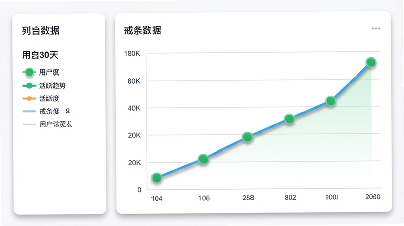 主体为一张折线图界面,显示用户过去30天的活跃度趋势,线条呈上升趋势,关键点用绿色圆点标记,背景为白色卡片式设计,布局左右分布,左侧为图例,右侧为图表,排版逻辑清晰,风格为扁平化数据可视化,细节包含坐标轴刻度与阴影效果,画质清晰锐利,干净简洁,无多余装饰,文字“戒条数据”在图表标题处可见
