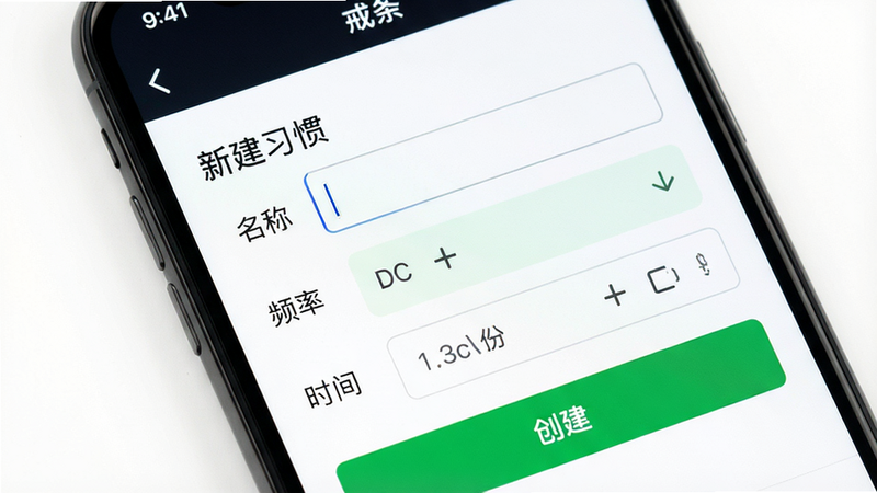 主体为手机屏幕特写,显示“新建习惯”表单界面,包含名称输入框、频率选择器和时间选择器,底部有一个绿色的“创建”按钮,背景为干净的白色,布局从上至下线性排列,排版清晰直观,风格为移动端表单设计,细节展现输入光标与选项高亮,画质清晰,干净无干扰,文字“戒条”在顶部标题栏可见