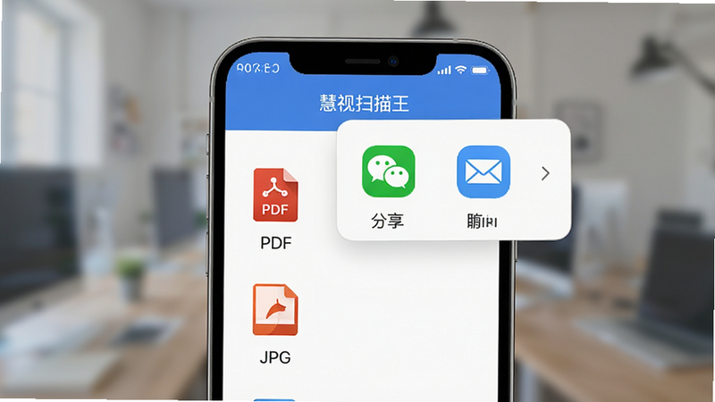 ����ɨ�����ļ���������ʾ��ͼ���ֻ���Ļ��ʾһ���ļ��б���ͼ�������ɼ�������PDF��JPG��ʽ���Ϸ���һ�������˵�չ������ʾ΢�š��ʼ���ͼ�ꡣ�����黯���۽����ֻ���Ļ���ݡ����Ϊ�ִ���ԼUI��ƣ�ɫ��Э����ϸ�ھ��£��߷ֱ��ʣ�������Ԫ�ء�