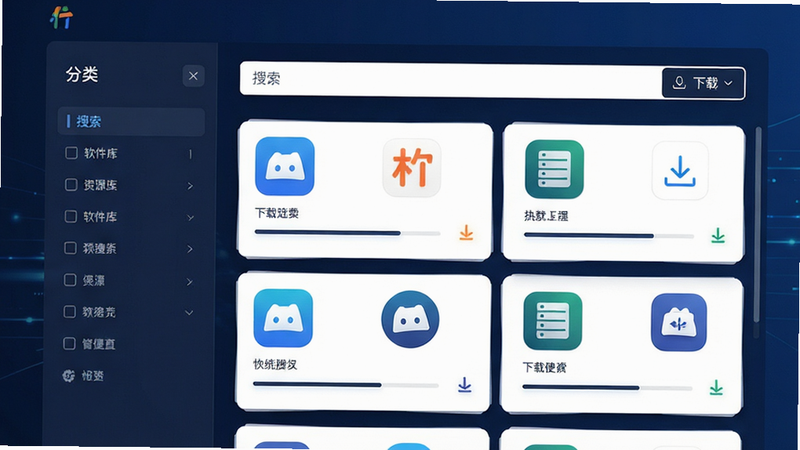 主体为最先软件库的资源搜索界面,布局为左侧分类筛选栏、右侧应用列表滚动区,排版逻辑严密,风格为商务简约风,细节处显示多个热门APP图标及下载进度条,画质高清,干净,无多余元素,文字包含