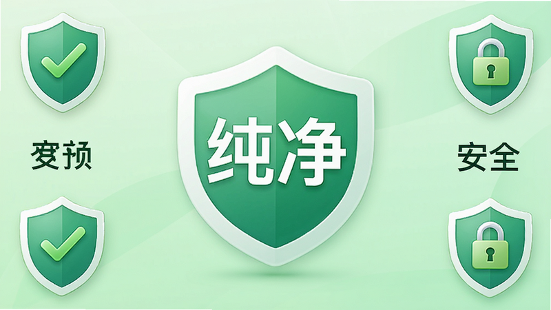 主体为最先软件库的纯净模式展示页,布局为中央大图标、四周环绕无广告标识的盾牌符号,排版对称均衡,风格为安全信任风,细节处展示绿色对勾与锁形图标,画质细腻,干净,无多余元素,文字包含