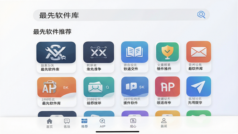 主体为最先软件库APP的主界面截图,布局采用顶部搜索栏、中部分类推荐网格、底部导航栏结构,排版整洁清晰,风格为现代扁平化科技风,细节处展示高清晰度的应用图标网格,画质8k,干净,无多余元素,文字包含