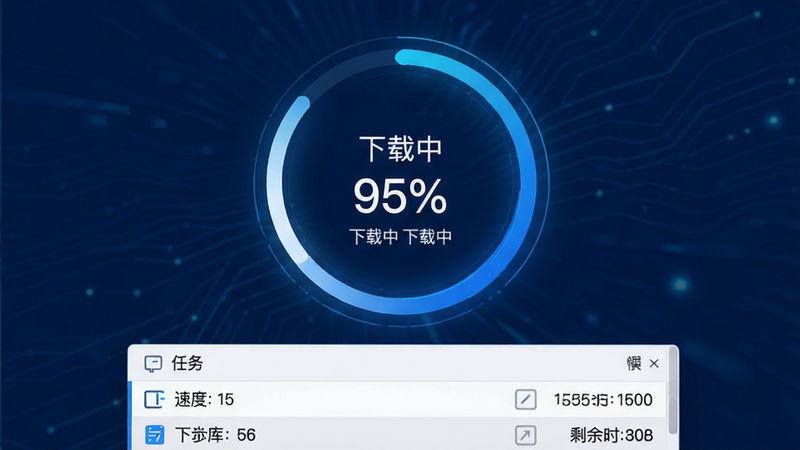 主体为最先软件库的下载进度界面,布局为中央圆形进度环、下方任务列表,排版简洁直观,风格为科技感蓝白配色,细节处显示速度数值与剩余时间,画质高清,干净,无多余元素,文字包含