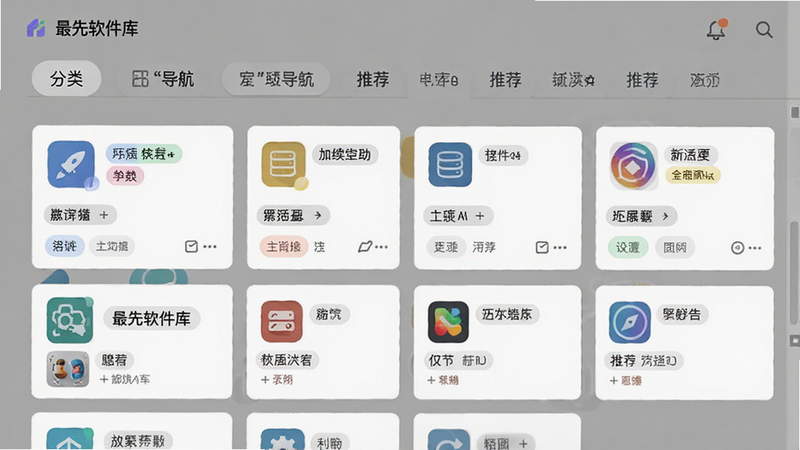 主体为最先软件库的分类导航界面,布局为横向滚动的标签页、纵向排列的应用卡片,排版灵活多变,风格为现代UI设计,细节处显示不同颜色标签与图标组合,画质清晰,干净,无多余元素,文字包含