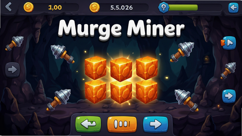 主体为Merge Miner游戏主界面,中央展示多个不同等级的橙色矿石方块正在合并,周围环绕着钻头工具,背景是深邃的地下洞穴纹理,顶部显示金币数量与关卡进度,底部有清晰的操作按钮,整体布局居中对称,采用高饱和度的卡通3D渲染风格,细节处有微光效果,画质清晰,干净,无多余元素,文字显示为