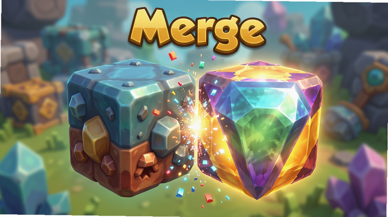 主体展示Merge Miner游戏中的合并过程特写,两个中级矿石方块靠近并融合成一个高级宝石方块,伴随粒子特效,背景模糊处理以突出主体,布局紧凑,视觉焦点在中央,风格为明亮清新的卡通3D,细节丰富,有高光反射,画质细腻,干净,无多余元素,文字显示为