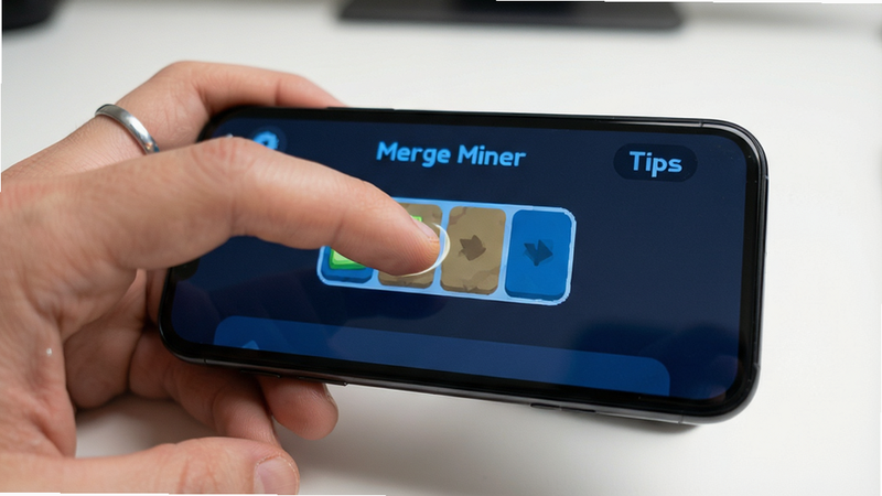 主体为手机屏幕显示Merge Miner游戏界面,手指正在操作屏幕进行合并动作,屏幕边框圆润,背景为干净的白色桌面,布局聚焦于手部与屏幕交互,风格为真实摄影感,细节处有手指触控的高光,画质清晰,干净,无多余元素,文字显示为