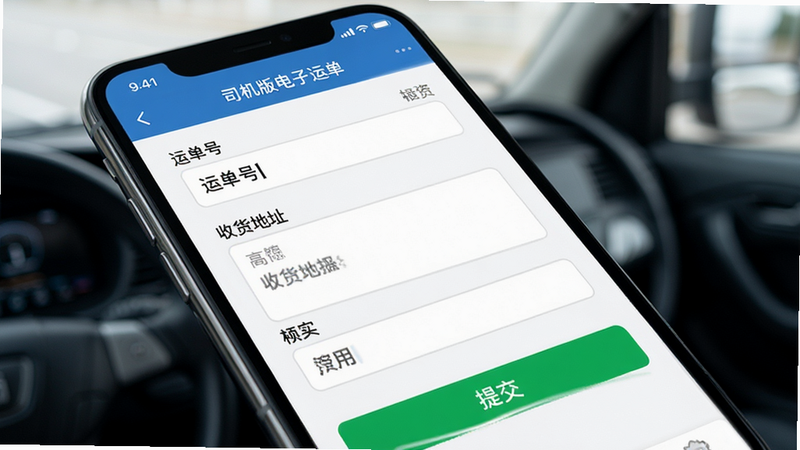 主体为解放行司机版电子运单填写界面,布局为表单式排版,风格清爽明亮,细节包含“运单号”、“收货地址”等输入框及绿色提交按钮,画质高保真,UI设计现代化,无多余装饰,真实移动端APP界面