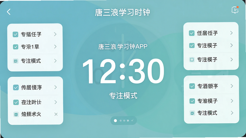 主体为唐三浪学习时钟APP的主界面预览图,布局采用中心对称设计,中央显示大号数字时钟,周围环绕着简洁的任务列表卡片,排版清晰有序,风格为扁平化极简主义,细节处体现柔和的蓝绿色调以缓解视觉疲劳,画质高清,背景干净无多余元素,文字包含