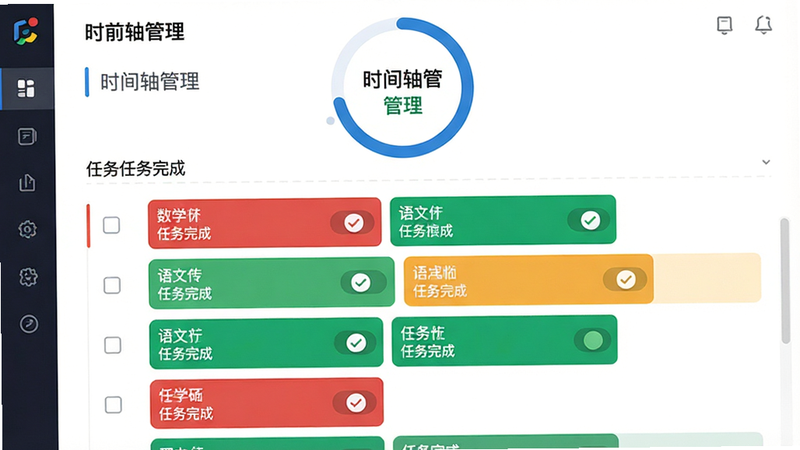 主体为软件内的时间轴规划功能界面,布局呈垂直列表状,顶部为当前任务进度环,下方排列着不同颜色代表不同科目(如数学红、语文绿)的任务块,排版紧凑且留白得当,风格为现代UI设计,细节展示任务勾选状态,画质清晰,无杂乱背景,文字包含