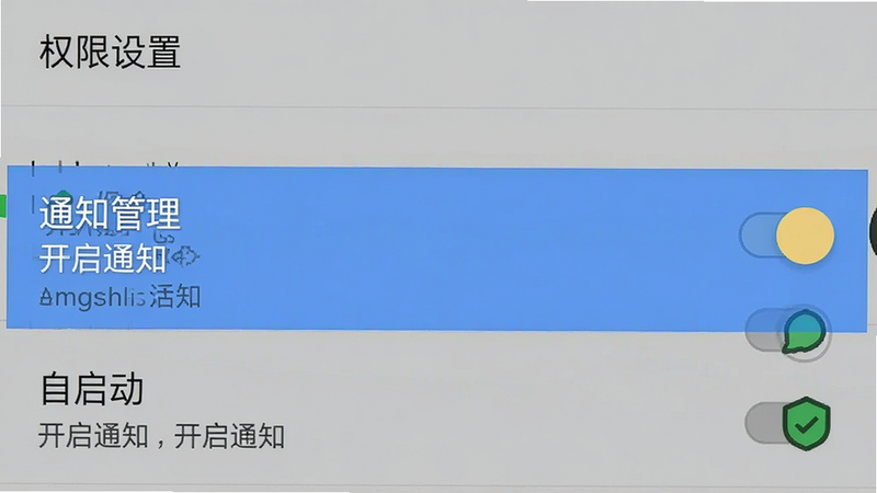 主体为手机设置权限界面示意图,布局为典型的安卓设置列表,高亮显示“通知管理”和“自启动”选项,排版符合原生系统风格,细节展示开关状态,画质清晰,无水印,文字包含