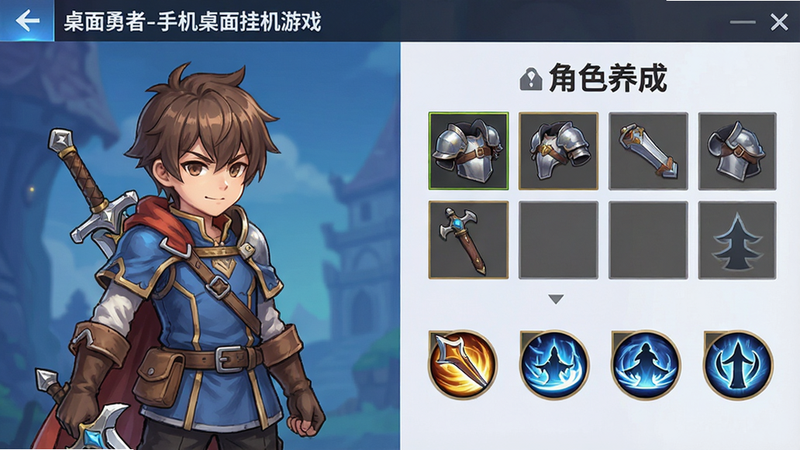 游戏角色升级界面展示,左侧为“桌面勇者-手机桌面挂机游戏”的角色立绘,右侧为装备栏与技能图标,主体分明,布局对称,排版专业,风格UI设计感强,细节清晰,画质锐利,干净无杂项,文字“角色养成”突出
