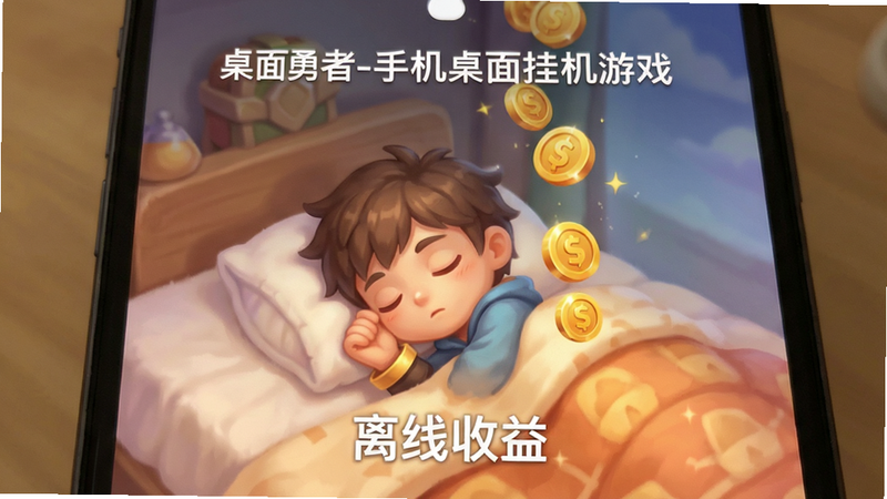 手机锁屏界面特写,显示“桌面勇者-手机桌面挂机游戏”的角色正在睡觉或等待,旁边有金币掉落特效,主体居中,布局简洁,排版留白得当,风格温馨治愈,细节柔和,画质细腻,干净无干扰,文字“离线收益”清晰