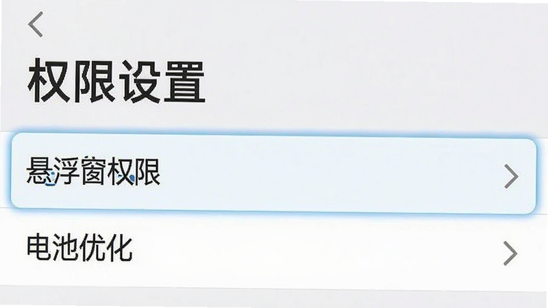 手机设置界面截图,高亮显示“悬浮窗权限”和“电池优化”选项,主体为设置菜单,布局层级分明,排版清晰,风格极简主义,细节准确,画质清晰,干净无干扰,文字“权限设置”醒目