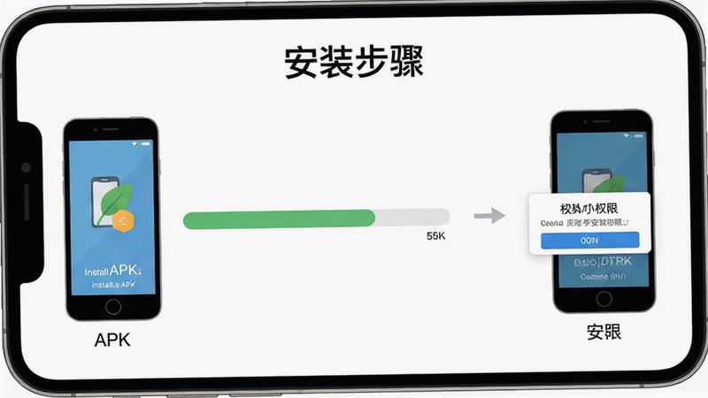 手机安装界面流程图,展示从点击APK到安装成功的步骤,主体为安装进度条与权限弹窗,布局线性,排版直观,风格扁平化,细节清晰,画质高清,干净无杂项,文字“安装步骤”清晰