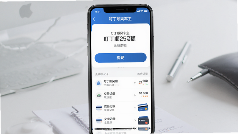 手机界面展示“叮丁顺风车主”的钱包页面,主体为余额数字和提现按钮,布局垂直排列,排版规范,风格商务蓝色调,细节包含交易记录列表和银行卡图标,画质清晰,无噪点