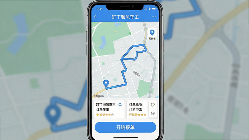 一张高清手机界面截图,主体显示“叮丁顺风车主”APP首页,布局为顶部导航栏、中部地图区域显示路线轨迹、底部功能按钮“开始接单”,风格扁平化,蓝色主色调,细节包含定位图标和订单卡片,画质清晰,无多余元素