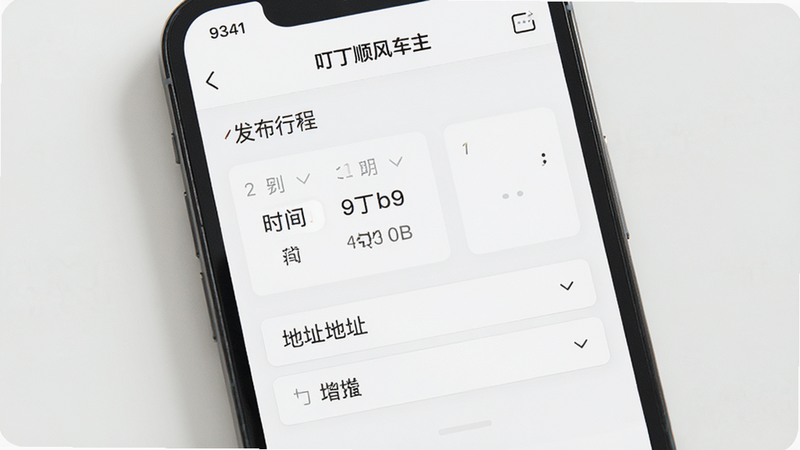 手机操作界面,展示“叮丁顺风车主”的发布行程页面,主体为表单输入框,布局上下结构,排版清晰,风格简约白色背景,细节包含时间选择器和地址下拉菜单,画质细腻,无多余装饰