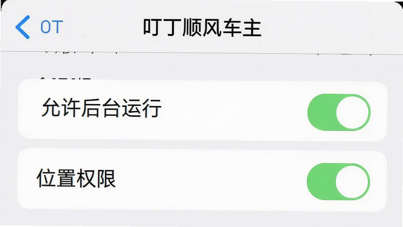 手机设置界面截图,展示“叮丁顺风车主”的权限管理页面,主体为开关列表,布局垂直滚动,排版整齐,风格系统原生UI,细节包含“允许后台运行”和“位置权限”开关状态,画质清晰,无多余图标