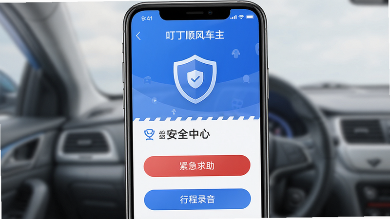 手机界面展示“叮丁顺风车主”的安全中心页面,主体为盾牌图标和功能列表,布局中心对称,排版简洁,风格安全蓝色调,细节包含“紧急求助”和“行程录音”按钮,画质高清,干净无杂质