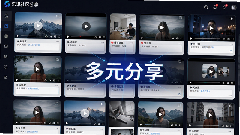 主体为乐讯社区多媒体分享界面,布局为网格状相册视图,排版整齐,风格为现代科技感,细节展示图片、视频缩略图及文字输入框,画质精细,干净,无多余元素,文字显示