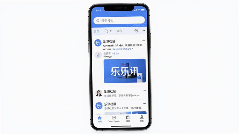 主体为乐讯社区APP界面,布局为手机竖屏显示,排版清晰简洁,风格为扁平化科技风,细节包括顶部搜索栏、中间动态流、底部导航栏,画质高清,干净,无多余元素,界面文字显示