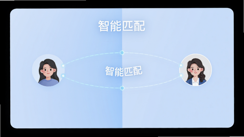主体为乐讯社区智能匹配功能示意图,布局为左右对比结构,排版对称,风格为简约UI设计,细节展示两个用户头像通过光线连接,背景为淡蓝色渐变,画质清晰,干净,无多余元素,文字显示