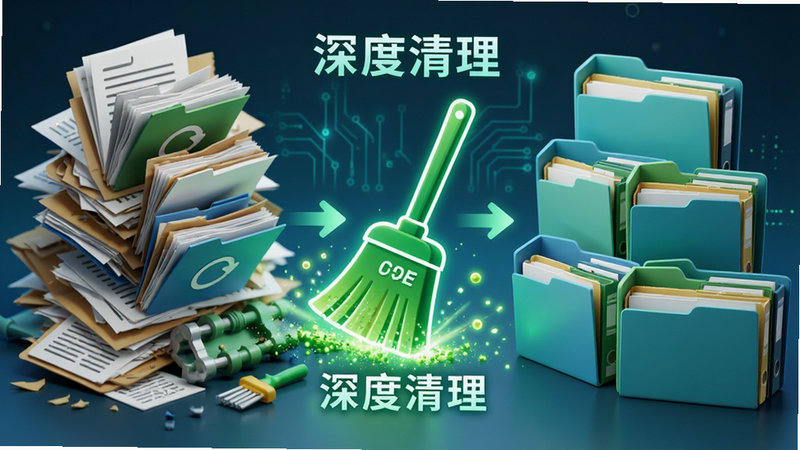 展示数据清理过程的示意图,左侧为杂乱的文件堆叠,右侧为整齐的文件夹,中间有一个绿色的扫帚图标正在清扫,文字标注“深度清理”,风格科技感,配色清新,细节丰富,画质清晰