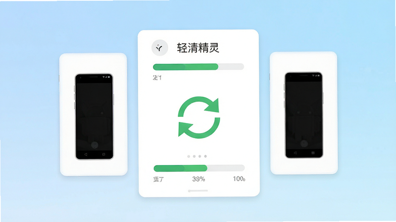 一张展示“轻清精灵”安卓APP主界面的概念图,主体为简洁的白色卡片式UI设计,中央显示一个绿色的循环刷新图标,周围环绕着代表存储空间的进度条和手机剪影,背景为柔和的浅蓝色渐变,风格扁平化,细节清晰,画质高清,干净无多余元素
